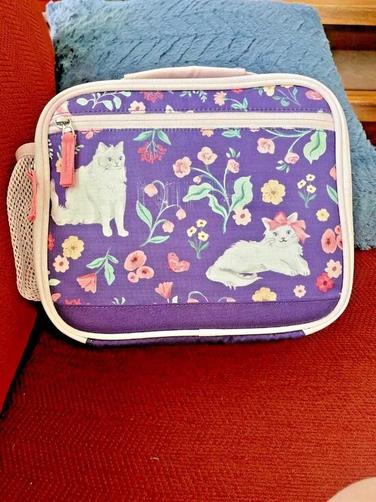 Pottery Barn Kids Cold Pack Lunch Box Kitty Floral Purple Pink Cats NWOT