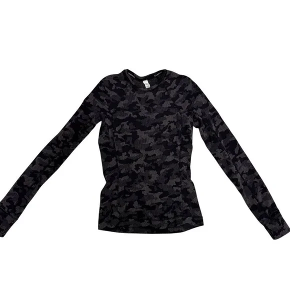 Lululemon Black Gray Camo Long Sleeve Athletic Top Size 2 - EUC