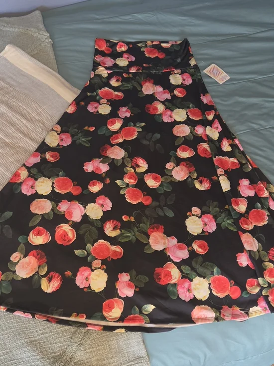 LuLaRoe Black A-Line Skirt with Pink, Red & Yellow Floral Print