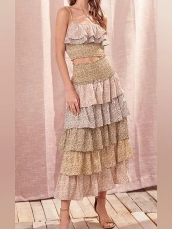 Storia Tiered Ruffle Maxi Skirt in Neutral Floral Tones With Matching Top Mediu