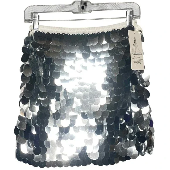 Y2K Skirt women's Silver large Sequin‎ Mini stretchy lined fairycore club W 27in