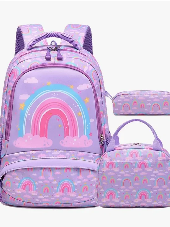 Purple Rainbow Backpack for Girls Unicorn Bookbag School Bag 3 Piece Set