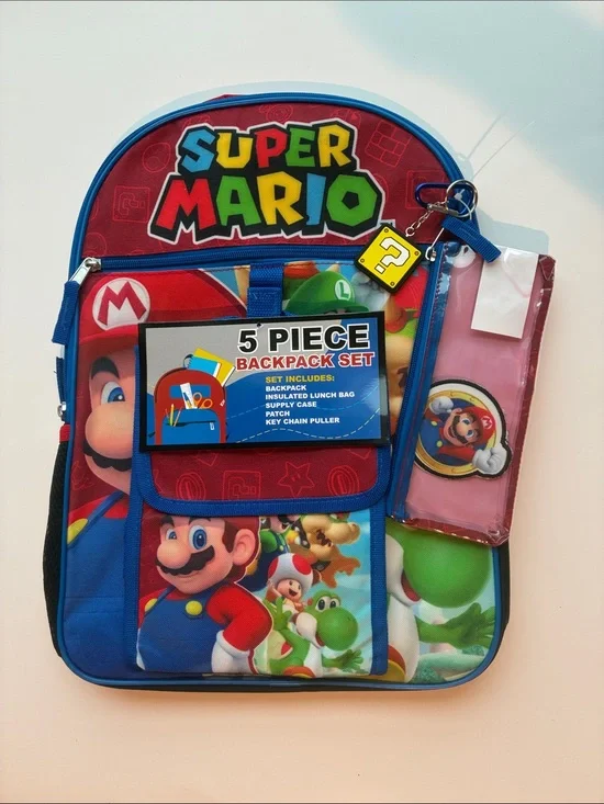 Super Mario 5-Piece Kids Backpack Set - Blue & Red