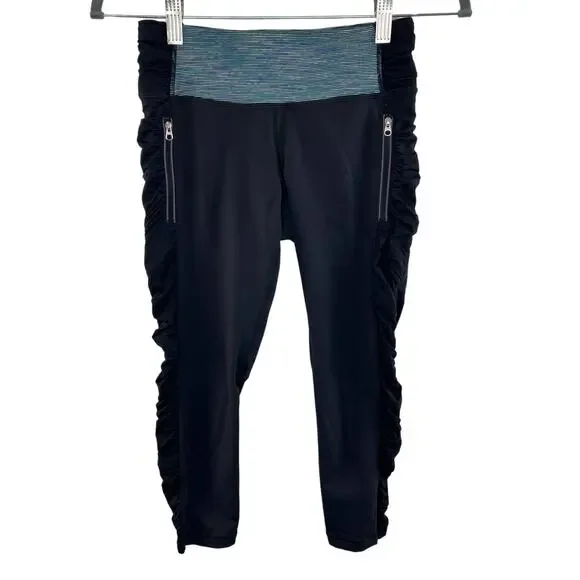 Y2K Lululemon Black Green Waist Ruched Capri Cropped Athletic Leggings Size 4