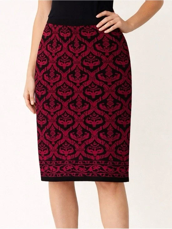 Chelsea & Violet Red Black Damask Knit Pencil Skirt Large Cotton