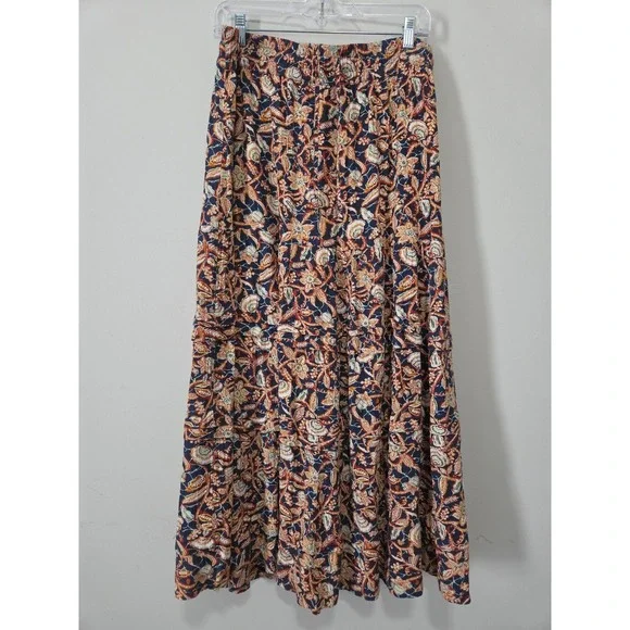 Wonderly Floral Paisley Tiered Maxi Skirt XL Navy Rust Boho Rayon Crinkle Flowy