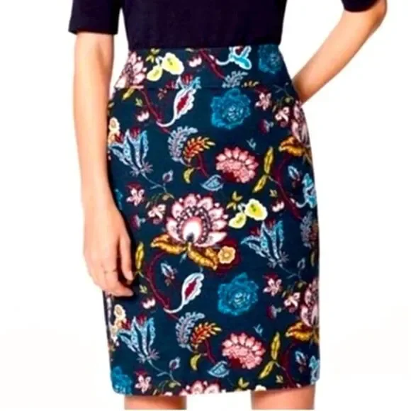 Loft Ann Taylor Floral Pencil Skirt‎ Lined Women's Size 4 Teal Green Side Zip