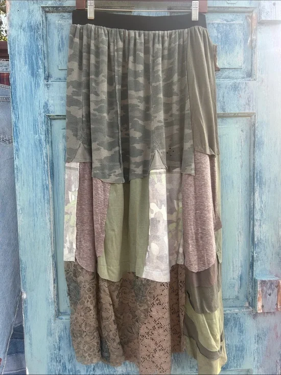 Upcycled camouflage and lace patchwork t shirt maxi skirt