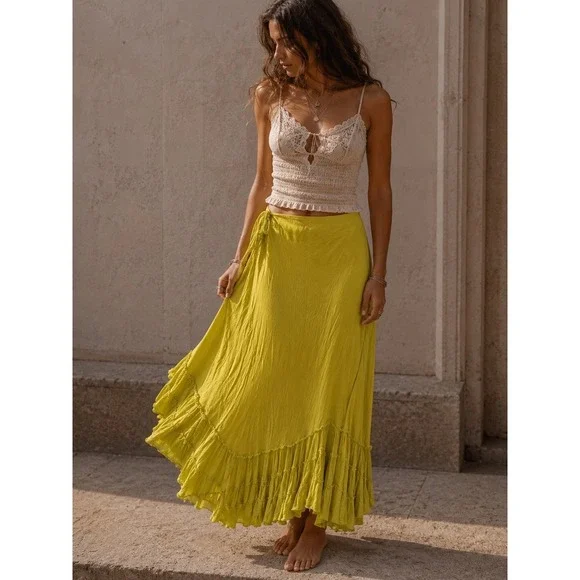 Free‎ People Chartreuse Yellow Ruffle Wrap Maxi Skirt Boho Gauze XS