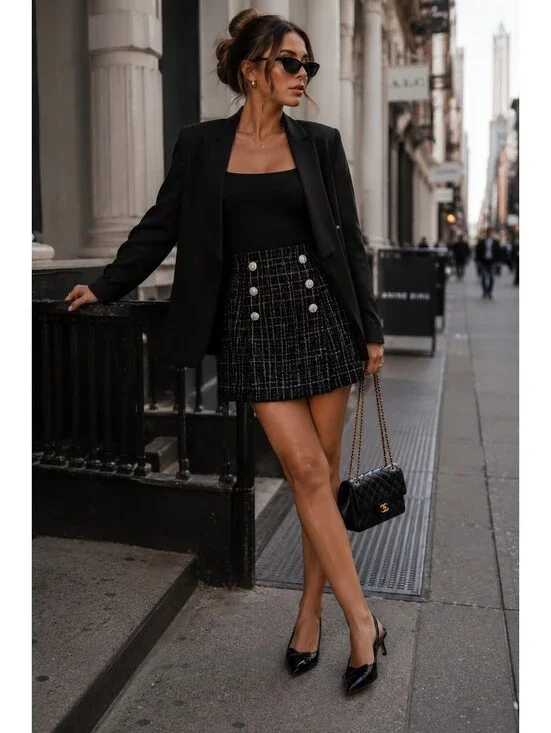 Karl Lagerfeld Paris Women's Black Tweed Mini Skirt With Embellished Buttons