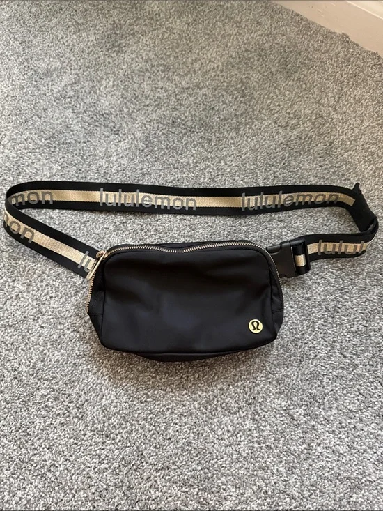 lululemon athletica Black Belt Bag with Gold Logo and Branded Strap