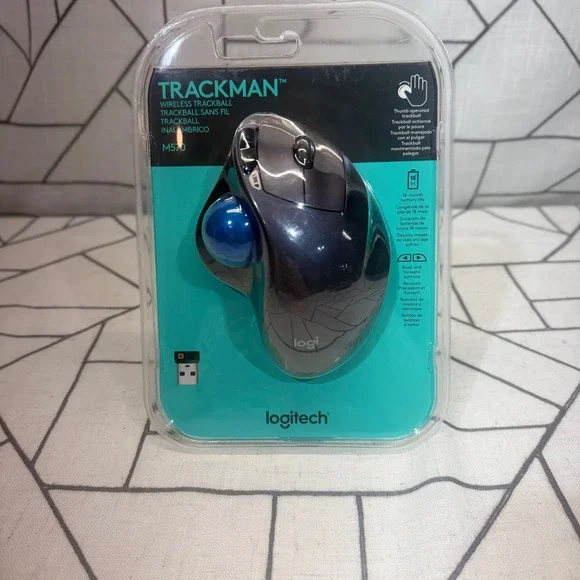 Logitech Trackman M570 Wireless Trackball Mouse Gray Blue Ergonomic New