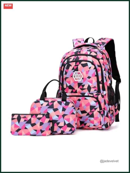 3pcs Geometric Print Girls Backpack and Lunch Bag Set for School Middle High