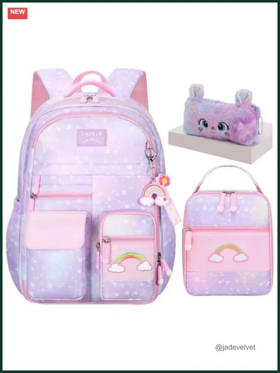 3-Piece Girls Backpack Set with Lunch Bag and Pencil Case, Polyester, School Use