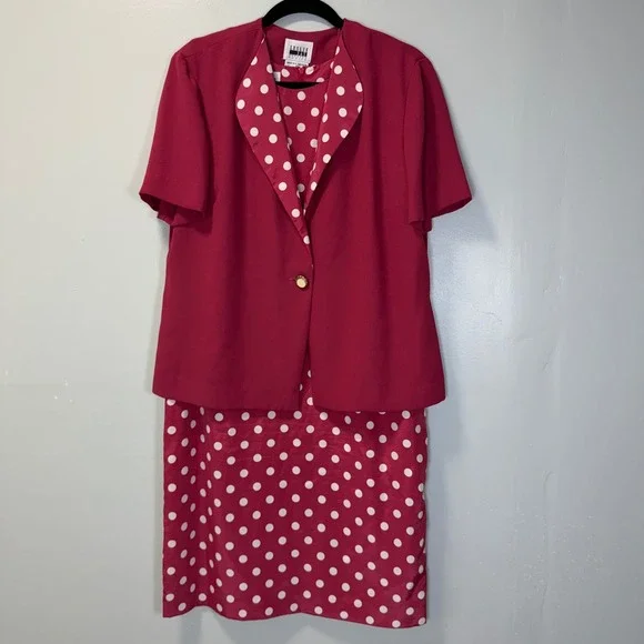 Leslie‎ Fay Vintage Polka Dot Dress and Jacket Set Raspberry Pink Womens 14P