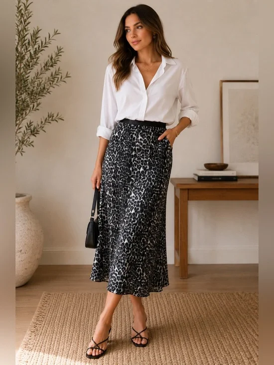 Gray Leopard Print Satin Slip Maxi Skirt Animal Print Elastic Waist M