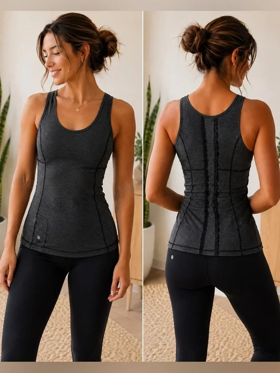 Lululemon Run Free Tank Heathered Black Ruffle Trim Pocket Yoga Running Top Sz 8