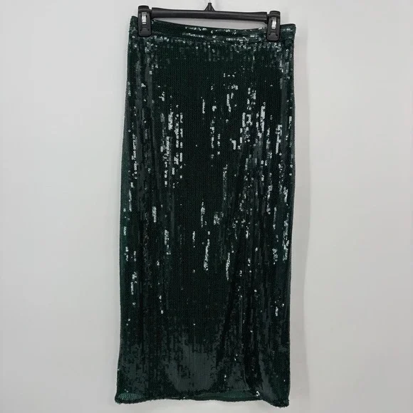H&M Emerald Green Sequin High Waist Side Slit Midi Skirt Party Holiday Size 6