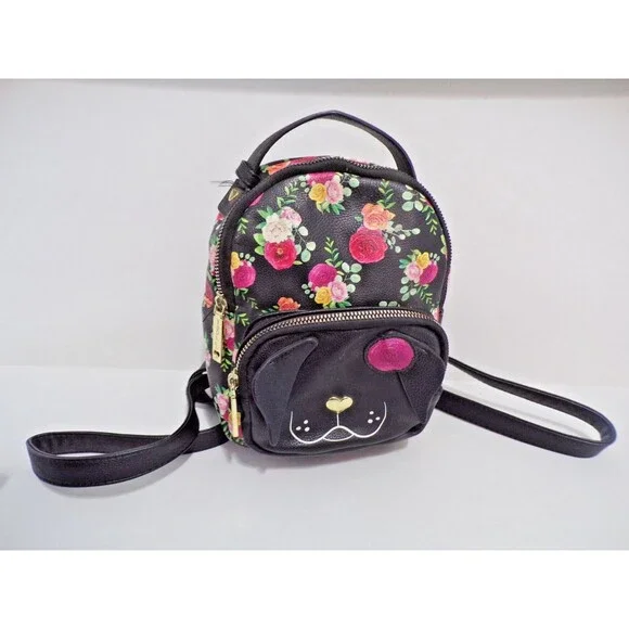 Betsey Johnson Girls Dog Face Mini Backpack Purse Black w/Roses Gold Heart Acct