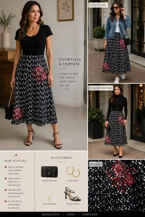 Susan Bristol Embroidered Rose Polka Dot Midi Skirt Size 4 Cottagecore