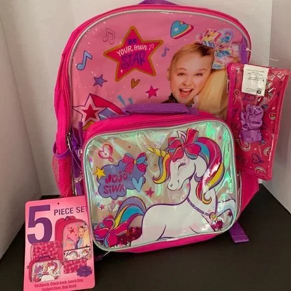 JoJo Siwa 5 Pc. Backpack Lunch Bag Cinch Sack Gadget Case Hair Band 16