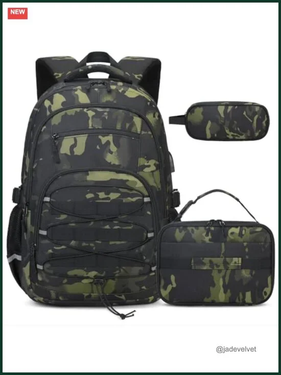 Camo Backpack with USB Charging Port, Lunch Bag & Pencil Case Set
