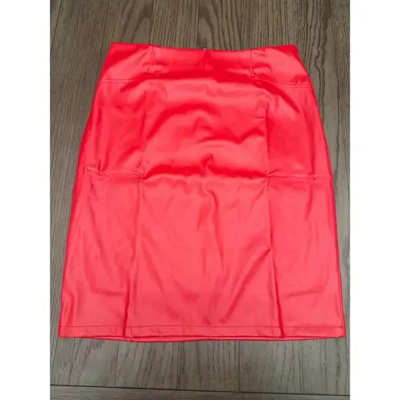NWOT Faux Leather Skirt Red High Waisted Lined Zip Back XL