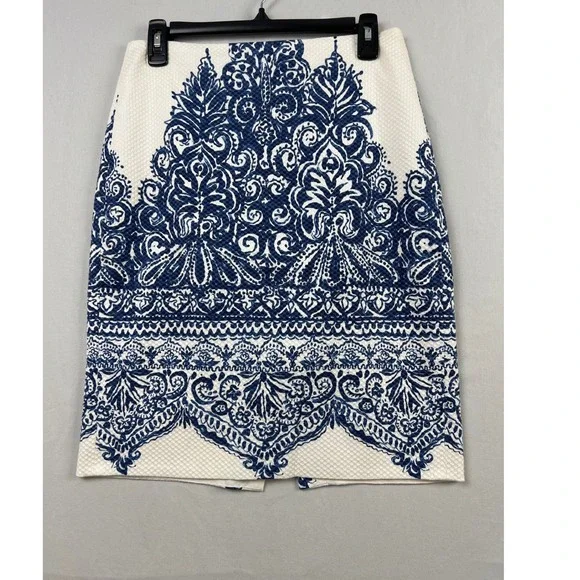 J.Crew No. 2 Pencil Skirt Women 4 White Blue Damask Tile Print Pique Cotton Bl