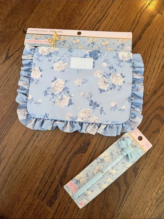 LoveShackFancy Blue Floral Accessory Pouch and bow pen nwt