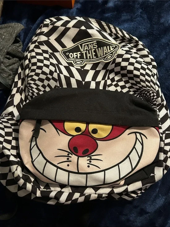 Vans Black & White Checkerboard Backpack with Cheshire Cat Face