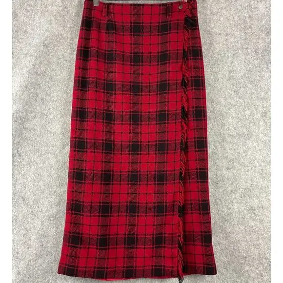 Vintage‎ Breeches Wool Blend Wrap Skirt Womens 12 Red Plaid Fringe Holiday USA