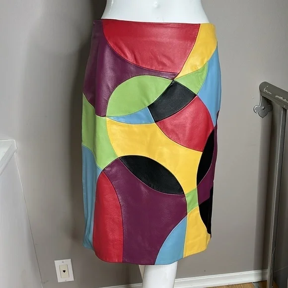 MetroStyle Sz 6 Leather Multi Color Patch Skirt Fully Lined Side Zipper - New
