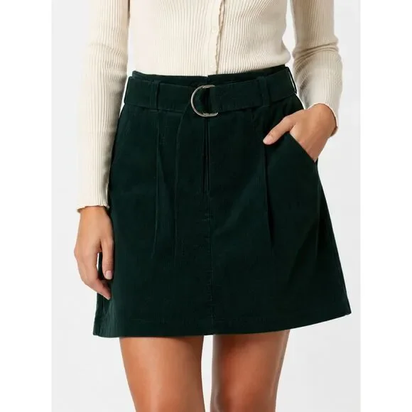 Cremieux Women's Forest Green Corduroy Mini Skirt Size 0 Belted Cotton Stretch