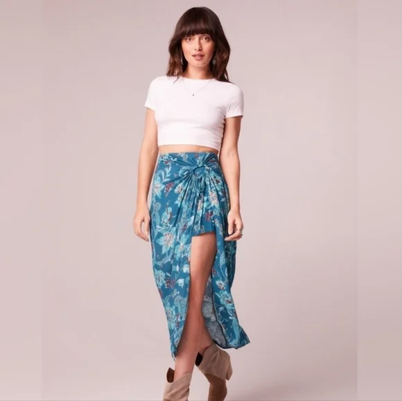 Floral Blue High-Slit Wrap Skirt