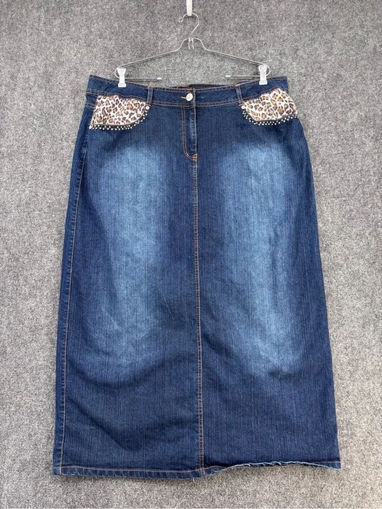 Whisker Washed Western Boho Indie Denim Midi Skirt Women’s 18 Leopard Accent