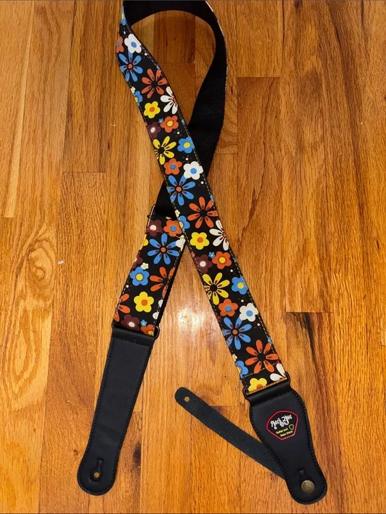 Floral Guitar Strap - Black with Multicolor Flowers