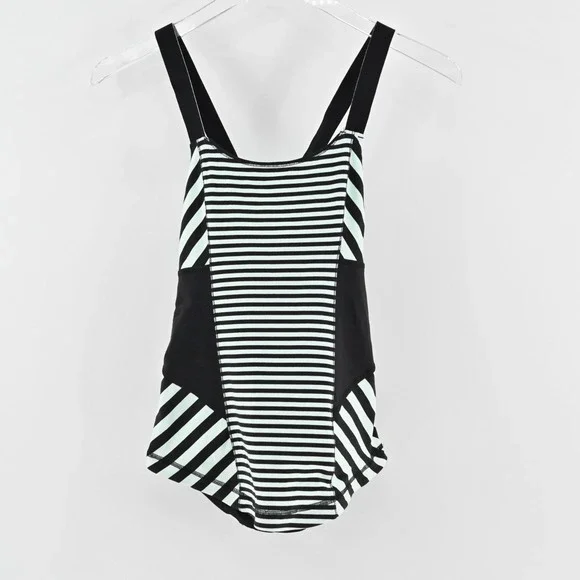 Lululemon Womens Work It Out Tank Top Size 4 Black Mint Green Stripe Logo Active