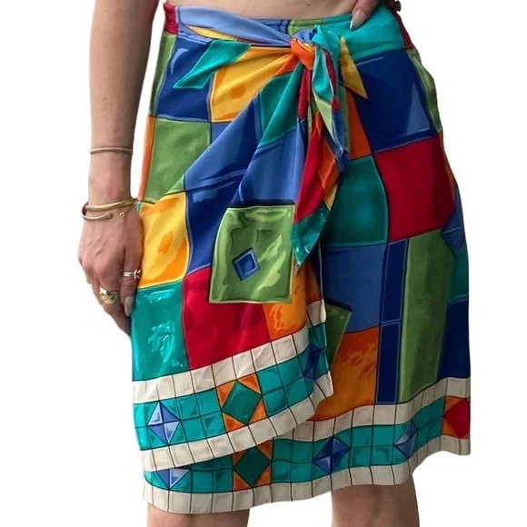 Linda Allard for Ellen Tracy Silk‎ Wrap Skirt Gem Multicolor M
