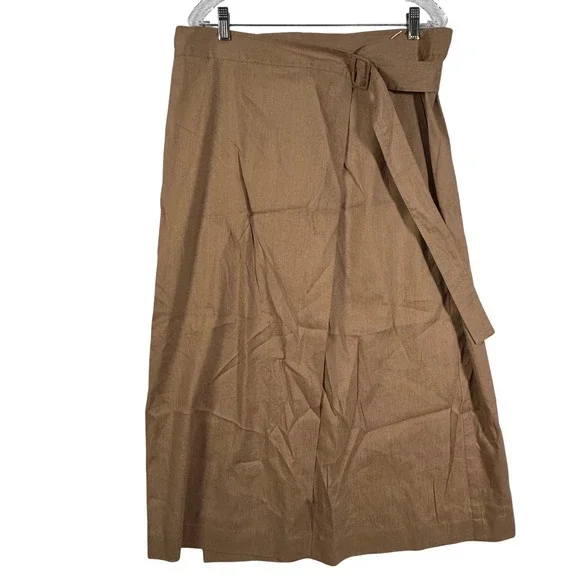 Vince Camel Linen Blend Wrap Midi Skirt Size‎ 12 Belted Side Slit