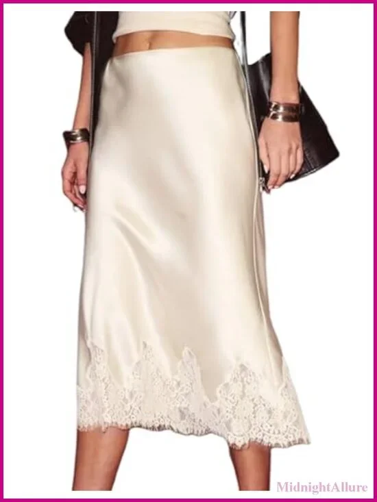 Satin Midi Skirt with Lace Trim Flowy A-Line Cocktail Party