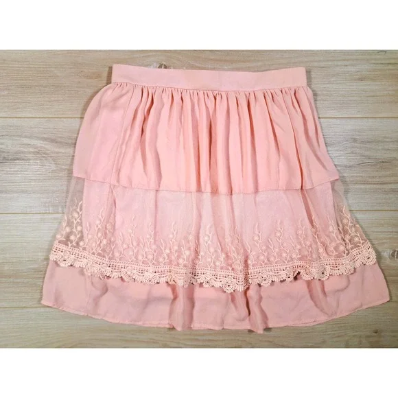 Jella Couture Pink Lace Mesh Tiered Skirt Womens Size M‎  Made in USA