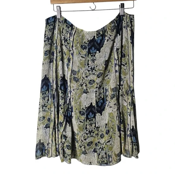Size‎ 16 Skirt Green Blue Floral Chiffon A-Line Midi Boho Career Forest Fairy ~