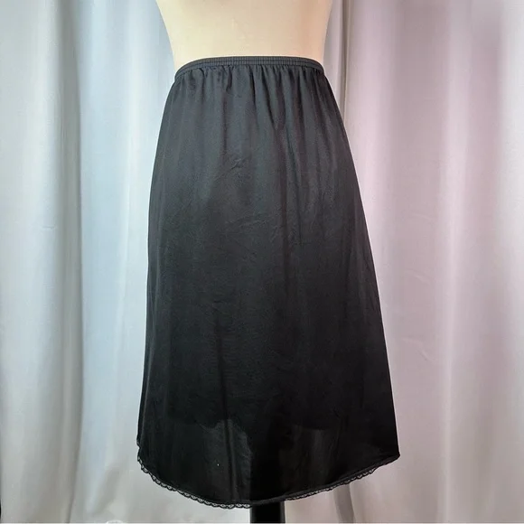 Vintage Vassarette‎ Slip Skirt Sz 2XL Black Lace Hem Silky Midi Lingerie EUC