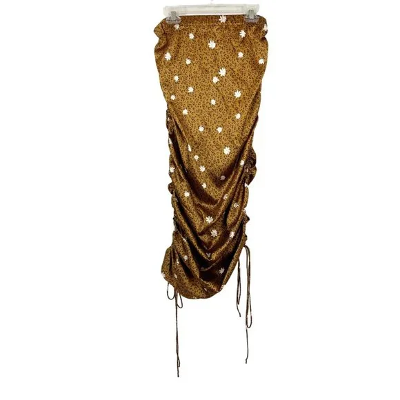 For Love & Lemons Tawney Midi Skirt Brown‎ Leopard Floral Satin Ruched - Size XS