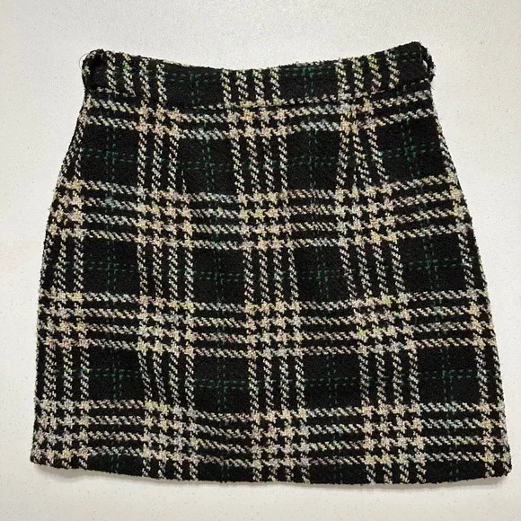 Lili Sidonio Black Tartan‎ Plaid Wool Blend Tweed Mini Skirt Pencil Belt Loops S