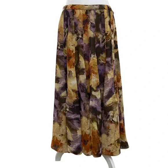 Jones New York Brown & Floral Pintuck Flowy Chiffon Midi Skirt