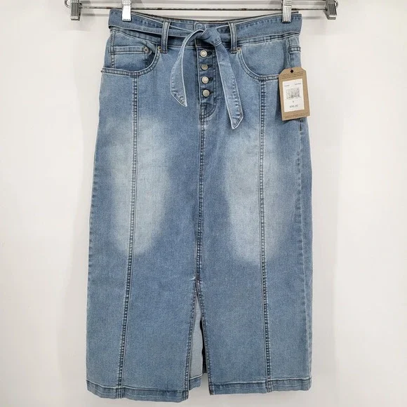 FRYE AND‎ CO. Women's Denim Midi Jean Skirt Blue Size 6 Button Fly Tie Waist New