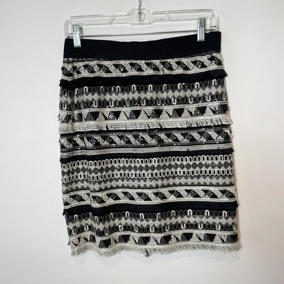 Vince Camuto Womens Fringe Trim Beaded Straight‎ Pencil Skirt Black 4 Stretch