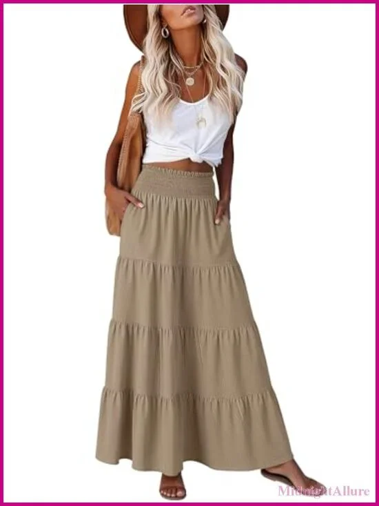 Elastic High Waist A-Line Tiered Maxi Skirt with Pockets