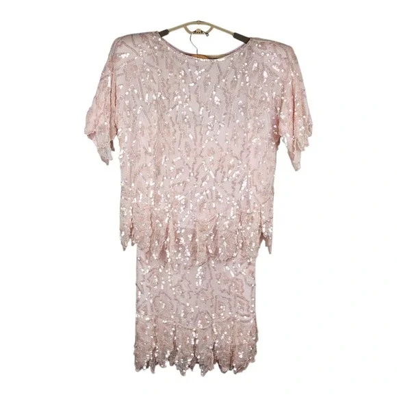 Vintage Laurence Kazar Skirt Blouse Set 1X Pink Silk Sequin Mother of the Bride